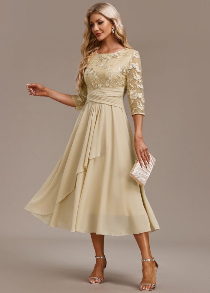 Alisa Champagne Embroidery 3/4 Sleeve Round Neck Dress - Image 1