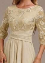 Alisa Champagne Embroidery 3/4 Sleeve Round Neck Dress - Image 5