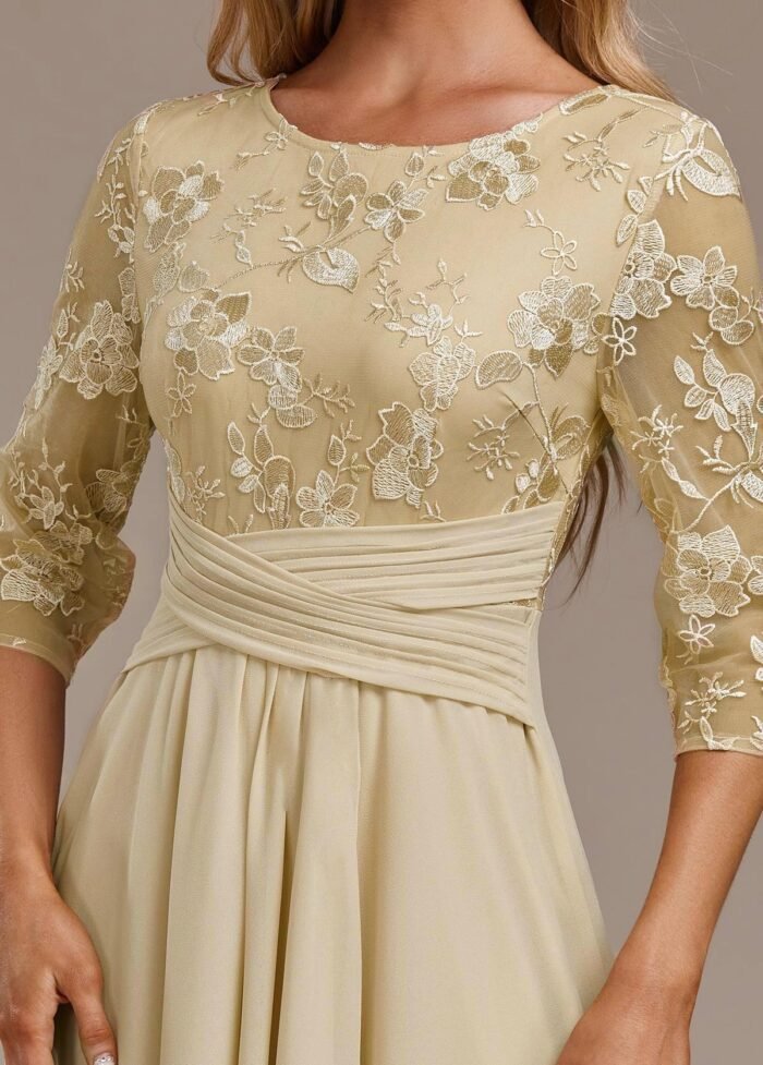 Alisa Champagne Embroidery 3/4 Sleeve Round Neck Dress - Image 5