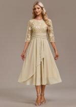 Alisa Champagne Embroidery 3/4 Sleeve Round Neck Dress - Image 3