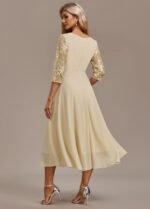 Alisa Champagne Embroidery 3/4 Sleeve Round Neck Dress - Image 2