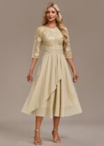 Alisa Champagne Embroidery 3/4 Sleeve Round Neck Dress - Image 4