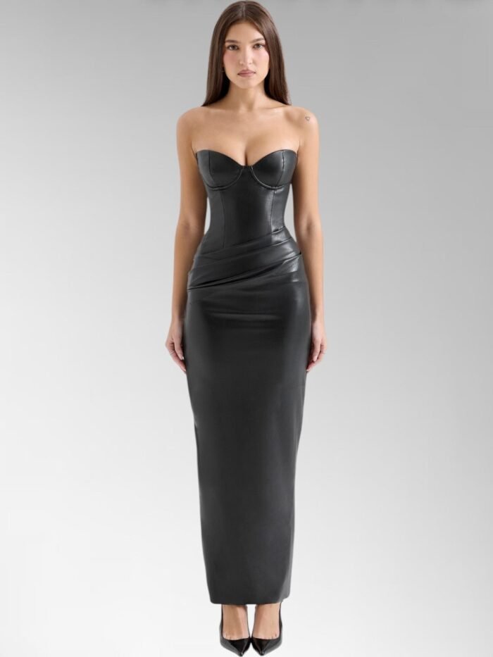 Alisa Black Strapless Leather Midi Dress - Image 1