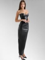 Alisa Black Strapless Leather Midi Dress - Image 3