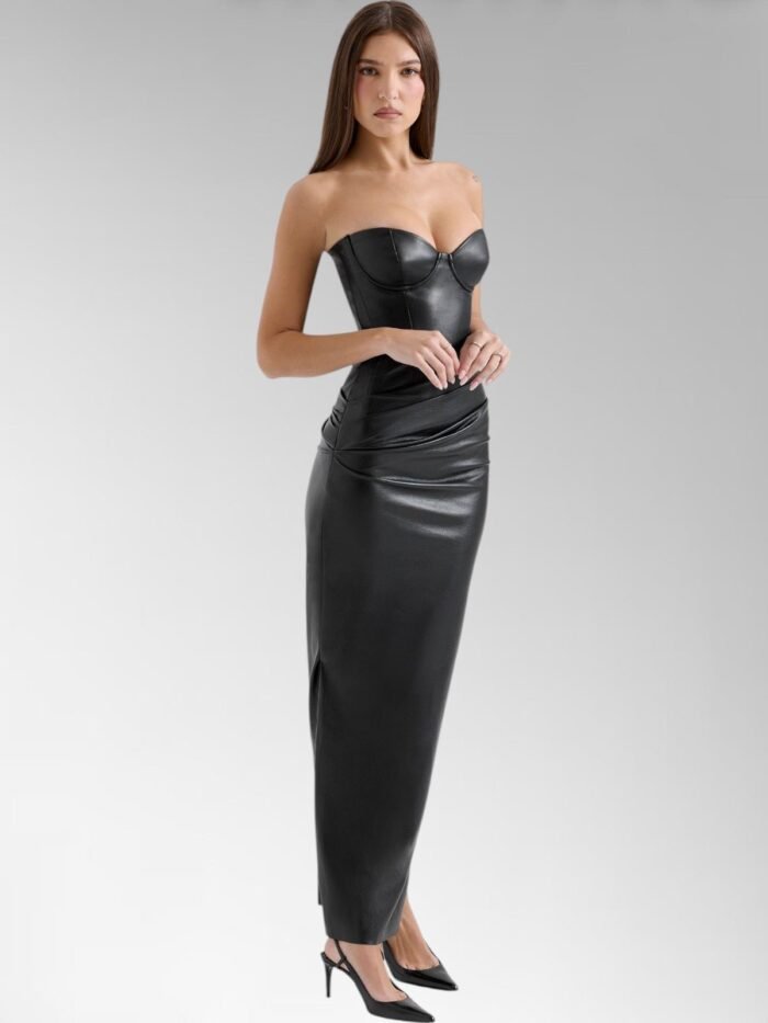 Alisa Black Strapless Leather Midi Dress - Image 3