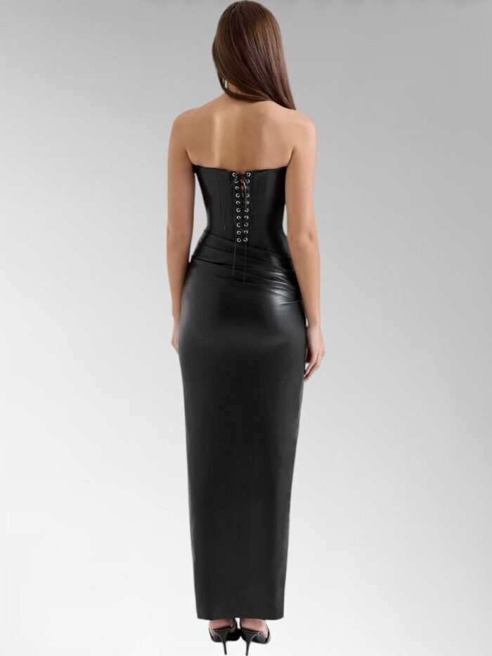 Alisa Black Strapless Leather Midi Dress - Image 5