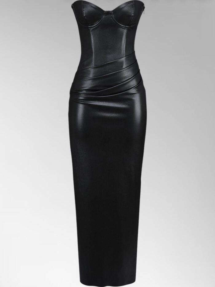 Alisa Black Strapless Leather Midi Dress - Image 6