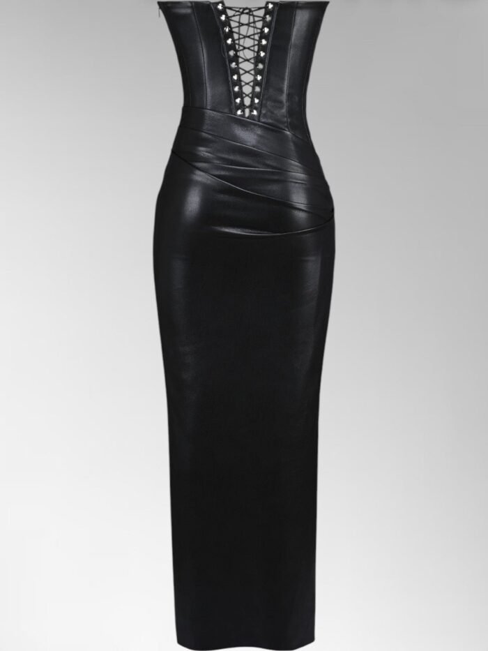 Alisa Black Strapless Leather Midi Dress - Image 7